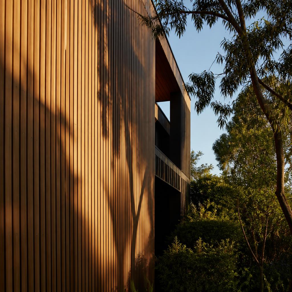 Timber facade of a contemporary home in golden light